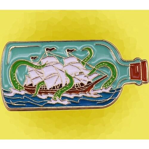 Flat bottle Pirate Sailing ship and Kraken octopus enamel pin brooch