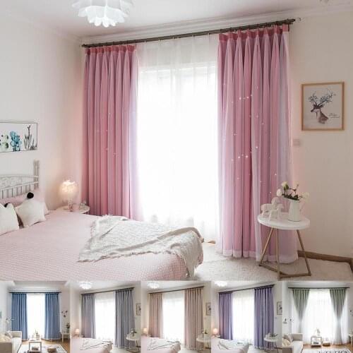 2 Layers Hollow Star Thermal Insulated Blackout Curtains for Living Room Bedroom Window Curtain Blinds Stitched with White Voile
