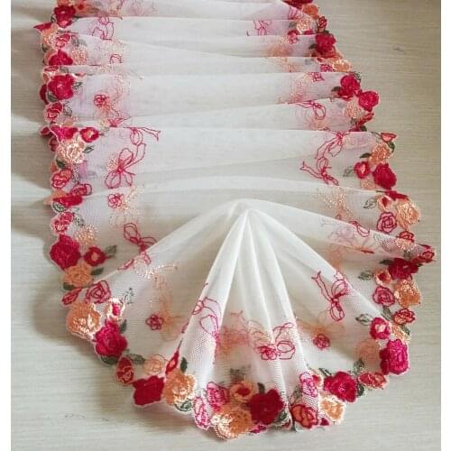 Gorgeous Tulle Lace Trim Red Flowers Floral Embroidered Scalloped Lace 11.8 Inches Wide High Quality By The Yard