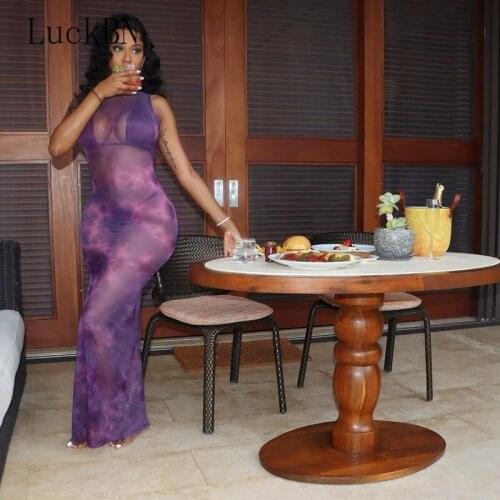 Womens Clothing Dress Tie Dye Mesh Printed Sexy Maxi Dresses Women Clothes 2021 Party Club Outfits Open Back Bodycon Dress New