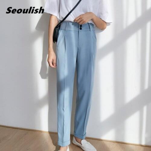 Korean OL Style Womens Formal Straight Pants Pockets High Waist Elegant Buttons Office Lady Ankle-Length Loose Pants 2021 New