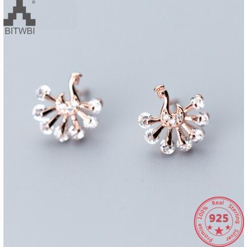 100% 925 Sterling Silver Earring Fashion Chic Beautiful Diamond Peacock Stud Earring Fine Jewelry for Female