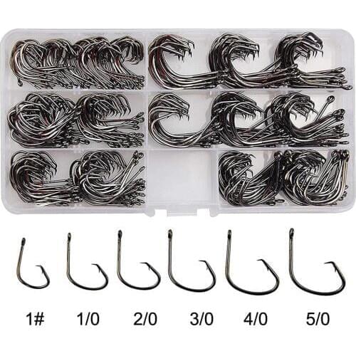 300Pcs/Box Fishing Circle Hooks High Carbon Steel Black Offset Octopus Circle Bait Fishing Hook Set Fishing Tackle Size 1#-5/0