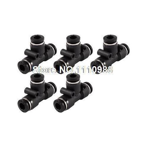 Black Plastic 6mm to 6mm 3 Way Air Hose Tube T Quick Joint Fitting 5 Pcs