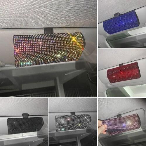 Car Glasses Case Glitter Sun Visor Multi Functional Auto Sunglasses Card Holder Rhinestone Organizer Accessories