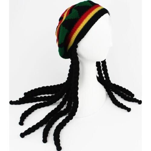 Men Women Novelty Dreadlocks Wig Hat Reggae Jamaican Style Crocheted Knitted Beanies Long Black Hair Halloween Beret Cap