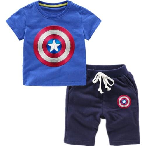 Disney Captain America Shield Kids Boys Short Sleeve Set Summer Childrens Cotton T-Shirt Set 3~8 Years Old Children