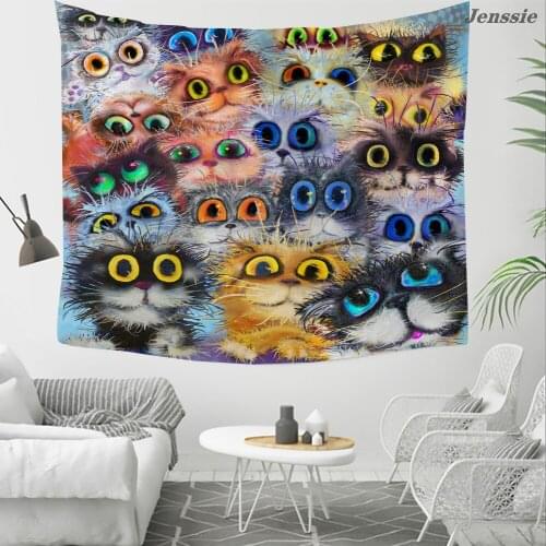 Fried Hair Cat Print Wall Hanging Tapestry for Living Room Animal Print Tapestry Big Eye Cat Pattern Student Dormitory Tapestry