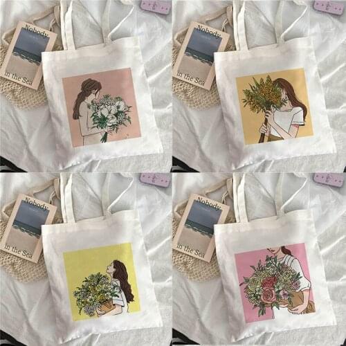 Girl Print Women Canvas Shopping Bag Female Canvas Shoulder Bag Eco Handbag Tote Reusable Grocery Shopper Bags Students Book Bag