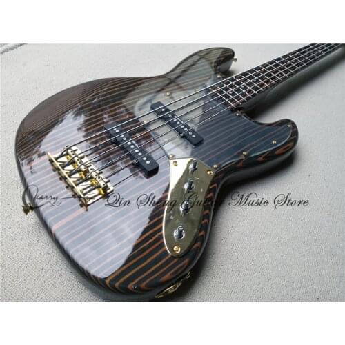 Custom-made electric guitar bass,5 string jb bass,fixed bridge, gold buttons,zebra wood bass,zebrano fretboard