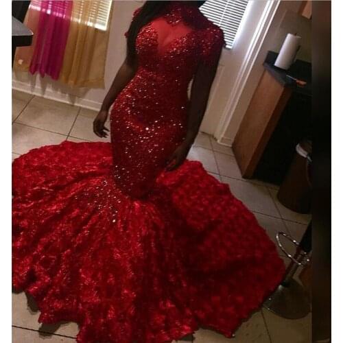 Red 2020 Prom Dresses Crystal Beading Tight Long Prom Gowns High Collar Short Sleeves 3D Rose Floral Skirt Girls Pageant Dress