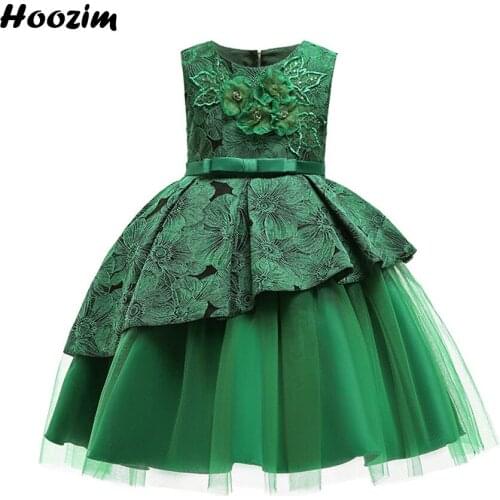 Red Palace Backless Applique Ruffle Prom And Wedding Dresses Girls 4-12 Years Green Embroidery Flower Birthday Party Dress Child