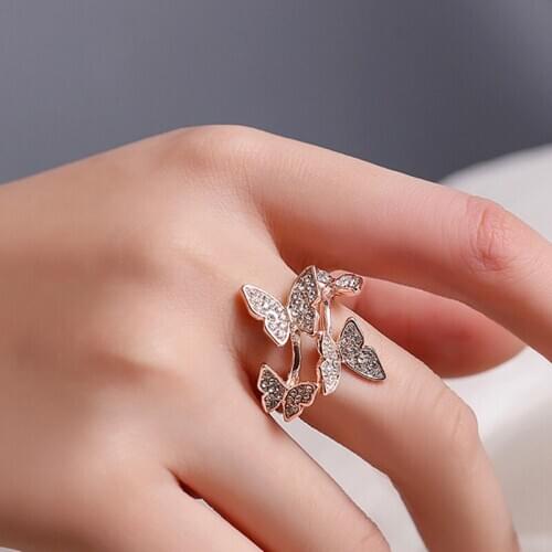 Crystal Butterfly Rings Silver Rose Gold Color Insect Ring For Women Midi Knuckle Finger Jewelry Accessories Open Adjustable