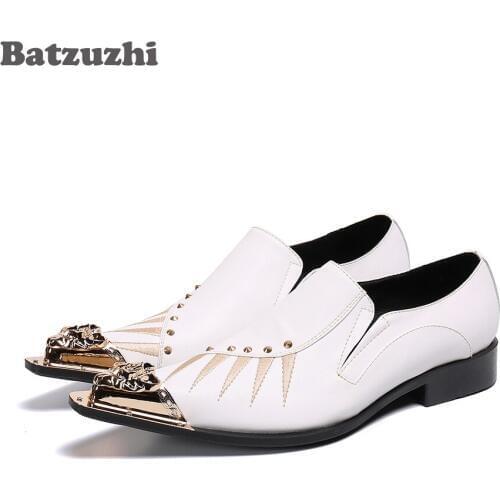 Batzuzhi Zapatos Hombre Fashion Leather Shoes Men Pointed Metal Toe White Leather Dress Shoes Men Party & Wedding Footwear,38-46