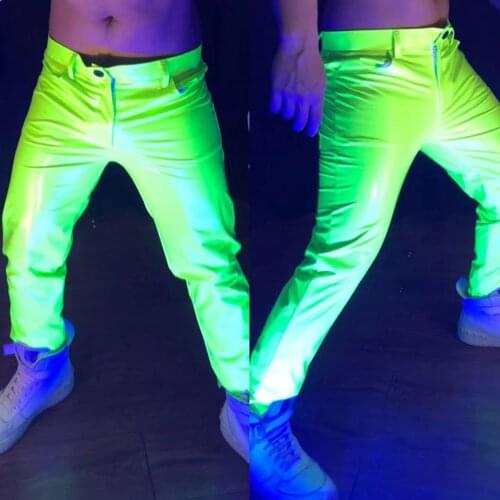 Stage Cosutme Men Fluorescent Green Stretch Slim Leather Pants Party Rave Outfit Nightclub Gogo Jazz Dance Clothing VDB4029