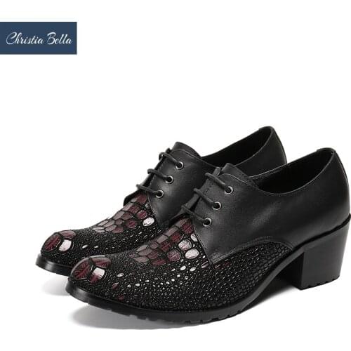 Christia Bella New Fashion Genuine Leather Men Oxford Shoes Mid Heel Business Formal Brogue Shoes Male Lace Up Dress Shoes