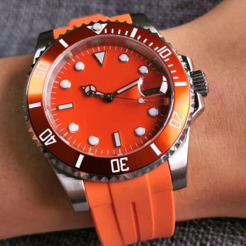 Orange Unisex Mens Watch Japan NH35 Automatic Movement Sapphire Glass Date Cyclops Rubber Strap Aluminum Bezel Insert