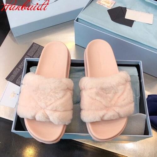 Luxury Design Rabbit Fur Women Slippers Summer Furry Sandals Flip Flops Female Shoes Mules Plush Real Fur Slides Ladies Mules