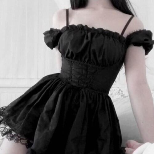 Ruibbit Vintage Corset Black Dress Goth Aesthetic Lace Up High Waist Mini Dress Harajuku Punk A Line Lace Patchwork Women Dress