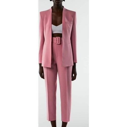 Za For Women Blazers Jacket Pant Suit With Belt High Waist Pink Trousers Sashes Pant Office Lady Fashion Pantalones TRF 2021 Set