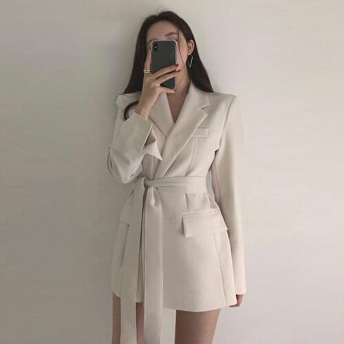 2021 Women Long Outwear Jacket Sashes Fall OL Korean New Fashion Solid Blazers British Style Elegant Black Beige Blazer Coat