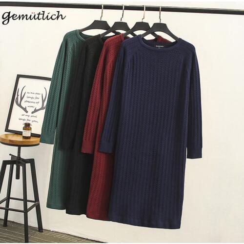 GEMUTLICH Women Warm Sweater Pullover Soft Long Sleeve Back Split O-Neck Winter Bottoming Dress Fashion Loose Autumn Dress