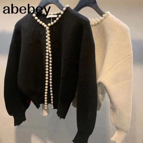 2020 New Fashion Korean Jackets Pearls Cardigan Batwing Sleeve Wool Knit Vintage Womens Coat High Quality Jacket AQ927