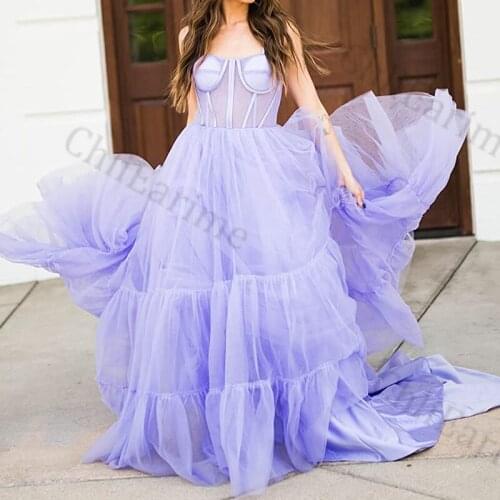 Womens Tulle Dress Elegant Long Tailing Thin Shoulder Straps Sleeveless Multilayer Corset Corset Dress
