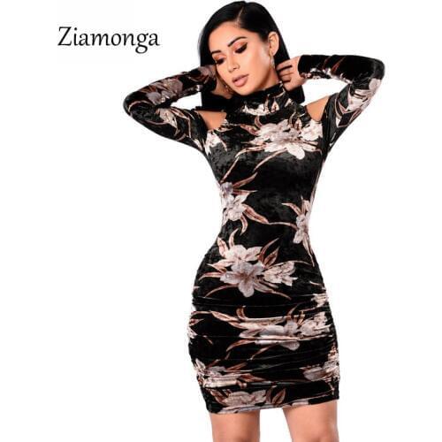 Ziamonga Velvet Dress 2018 Sexy Lady Bodycon Dress Sexy High Neck Long Sleeve Women Mini Party Dresses Floral Print Winter Dress