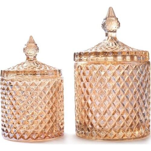 300 / 600Ml Diamond Relief Color Glass Candy Jar With Lid Food Sealed Storage Bottles Tank Home Kitchen Container