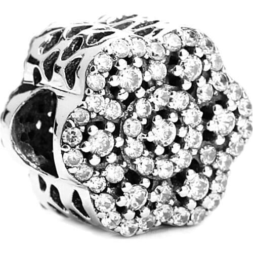 925 Sterling Silver Openwork Crystalized Floral Clear CZ Crystal Charm DIY Jewelry Making Fit Bracelet Bangle