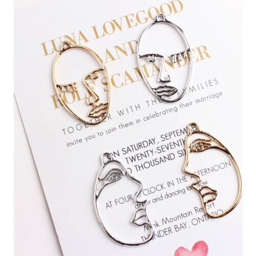 10pcs DIY alloy hollow out metal silver color side face charms, fashion gold contour abstract art face pendants jewelry making