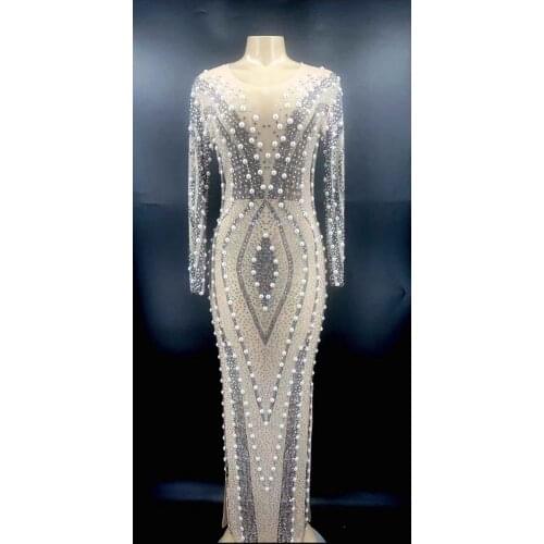 Sparkly Rhinestones Big Pearl Crystal Womens Long Sleeve Sexy Bodycon Long Dress Evening Party Celebrate Performance Dress