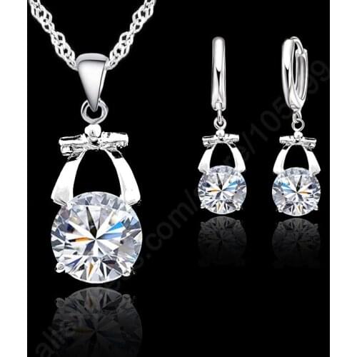 Grace Bowknot With Shiny AAA Cubic Zirconia Crystal Pure 925 Sterling Silver Woman Jewelry Sets Earring+Necklace For Party