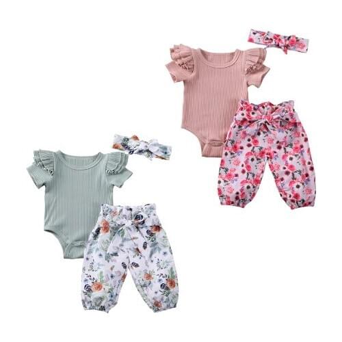 3Pcs Summer Clothes Set Kids Baby Girl Clothes Set Short Sleeve Bodysuit Floral Pants Headband Cotton Clothing