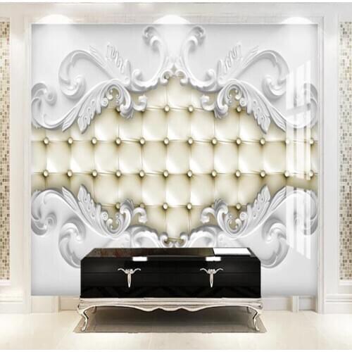 Milofi custom 3D high-grade white plaster pattern leather soft bag TV background wallpaper mural