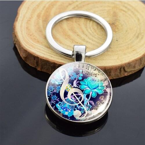 Fashion Musical Note Keychain Musical Note and Flowers Pattern Double Side Glass Cabochon Pendant Keyring Gifts for Music Lovers