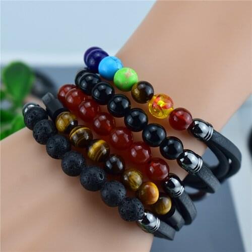 Classic high-quality leather bracelet mens 8MM natural stone woven bracelet crossborder hot-selling style