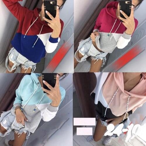 2021 new plush stitching color contrast hooded long sleeve corny drawstring sweater