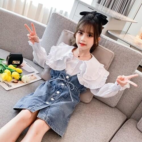 New Spring New Arrival Girls Fashion Clothes Set Pieces Suit Shirt Tops+Denim Suspender Skirt Kids Sets Girls Clothes 3-10 Years