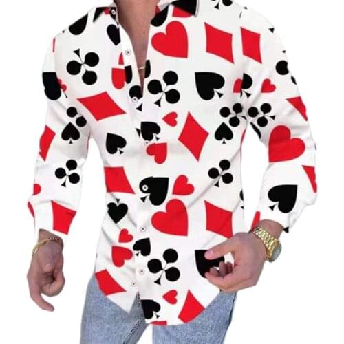 Casual Shirt Men Slim Fit Print Party Club Shirt Luxury Playing card printed shirt 2021 Autumn Men Shirt Long Sleeve Patchwork