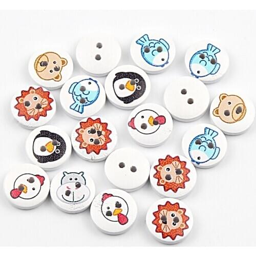 50pcs Mixed Animal Painting 2 Hole Wooden Sewing Buttons For Baby Clothing Crafts Diy Scrapbooking Accessories Decoration 15mm