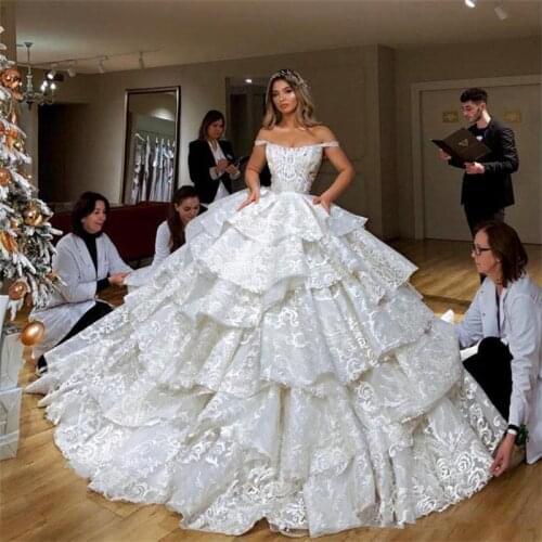 Luxury Off Shoulder Ball Gown Weeding Dresses Tiered Skirts Ruffles Bridal Gowns Plus Size Applique vestidos de novia