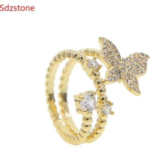 Gold Color Luxury Crystal Butterfly Rings For Women Jewelry Fashion Finger Ring Prong Setting