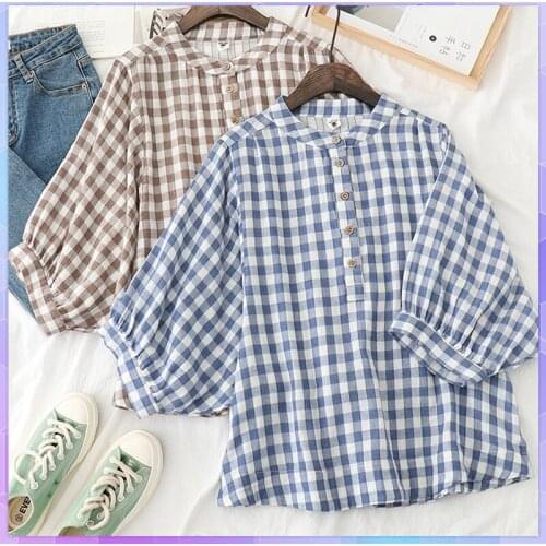 Retro Plaid Cotton Shirt Womens Tee Shirt Loose Stand Collar Tshirt Spring And Summer Three-quarter Sleeve TshirtsWoman Clothes