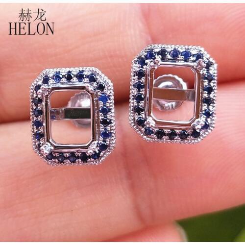 HELON 0.3ct Natural Sapphire Earrings Sterling Silver 925 Gemstone Engagement Semi Mount Stud Earrings Fit Cushion cut 5.5x7mm