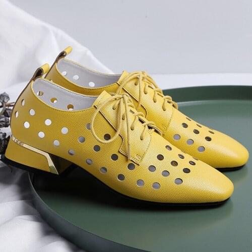 Genuine Cow Leathe Block Heel Shoes Woman Pumps Low Heel Shoes 2020 Spring Summer Lace up Casual Ladies Dress Shoes Size 10 42