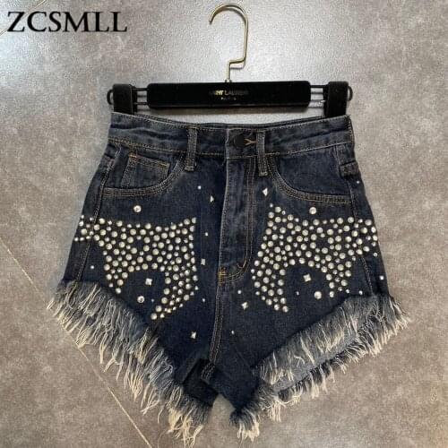 ZCSMLL Summer orange diamond-encrusted burrs, fashionable fine fried streetwear solid color thin denim shorts 2021 fashion