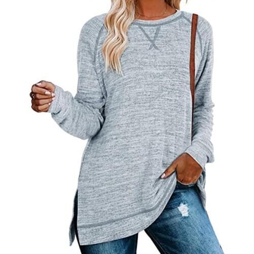 Women Loose Casual Solid Long Sleeve O-neck Sweatshirt Side Split Pullover Tops