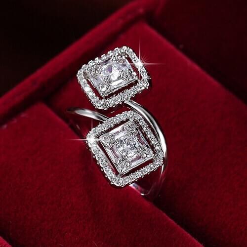 Ins Design Geometric Crystal Zircon Diamonds Gemstones Rings for Women White Gold Color Fashion Jewelry Party Accessories Gifts